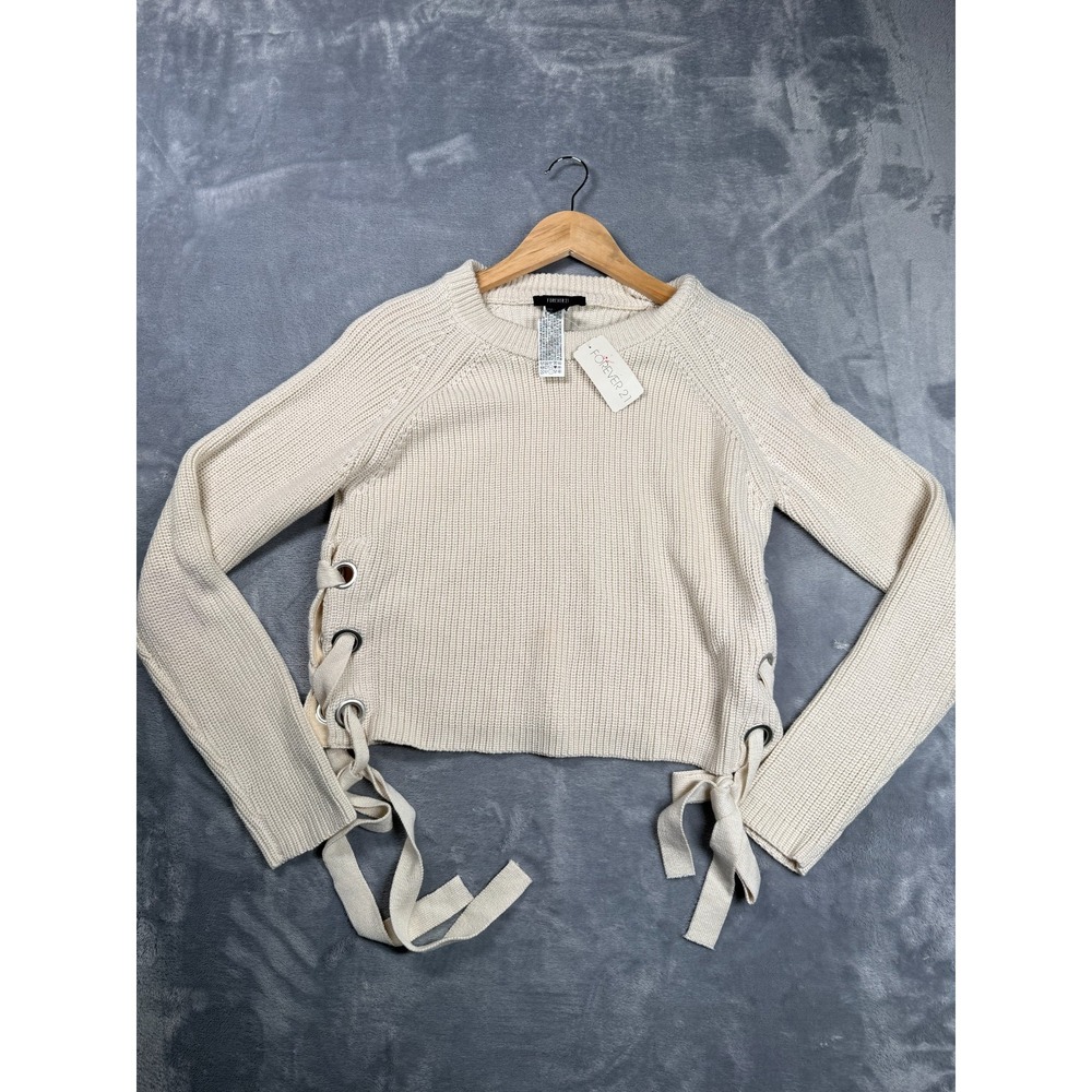 NWT Forever 21 Cropped Sweater Top Womens L Beige Side Lace Up Detail Ribbed